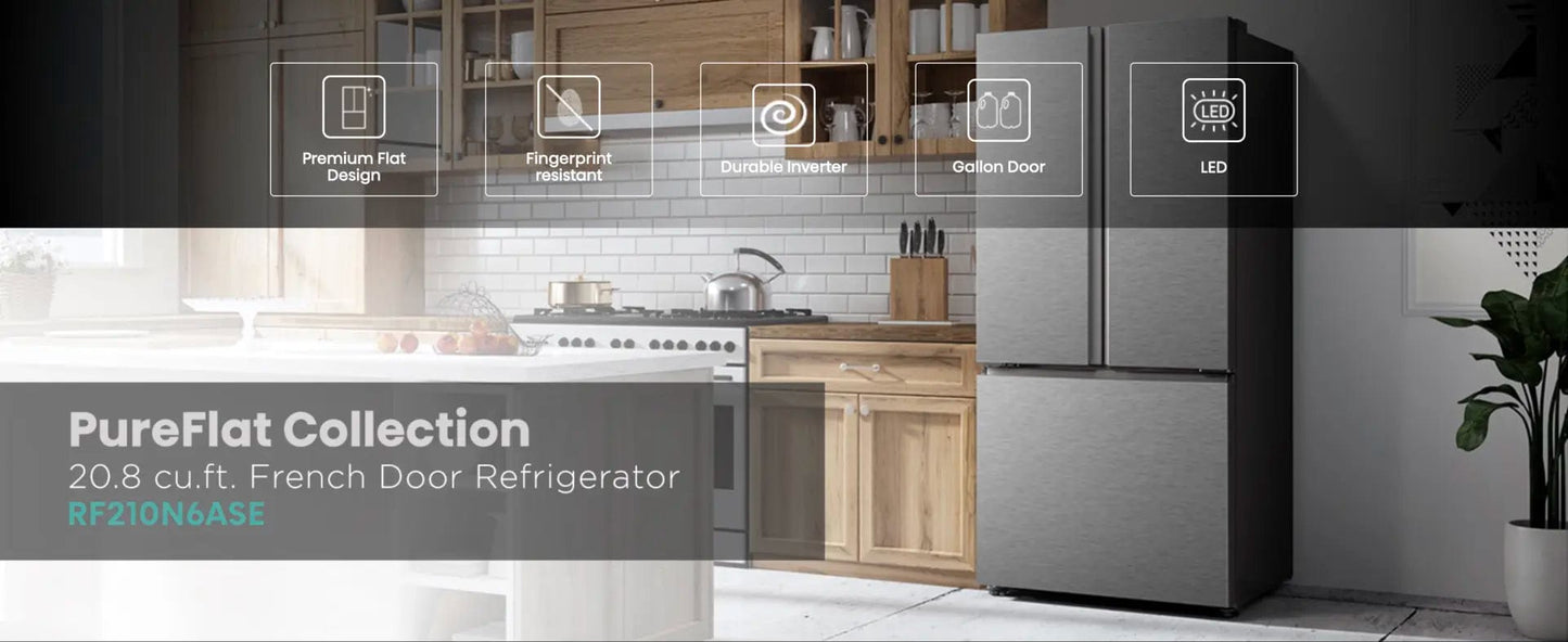 Hisense RF210N6ASE French Door Refrigerator, 30 inch Width, ENERGY STAR Certified, 20.8 cu. ft. Capacity, Stainless Steel colour PureFlat Design