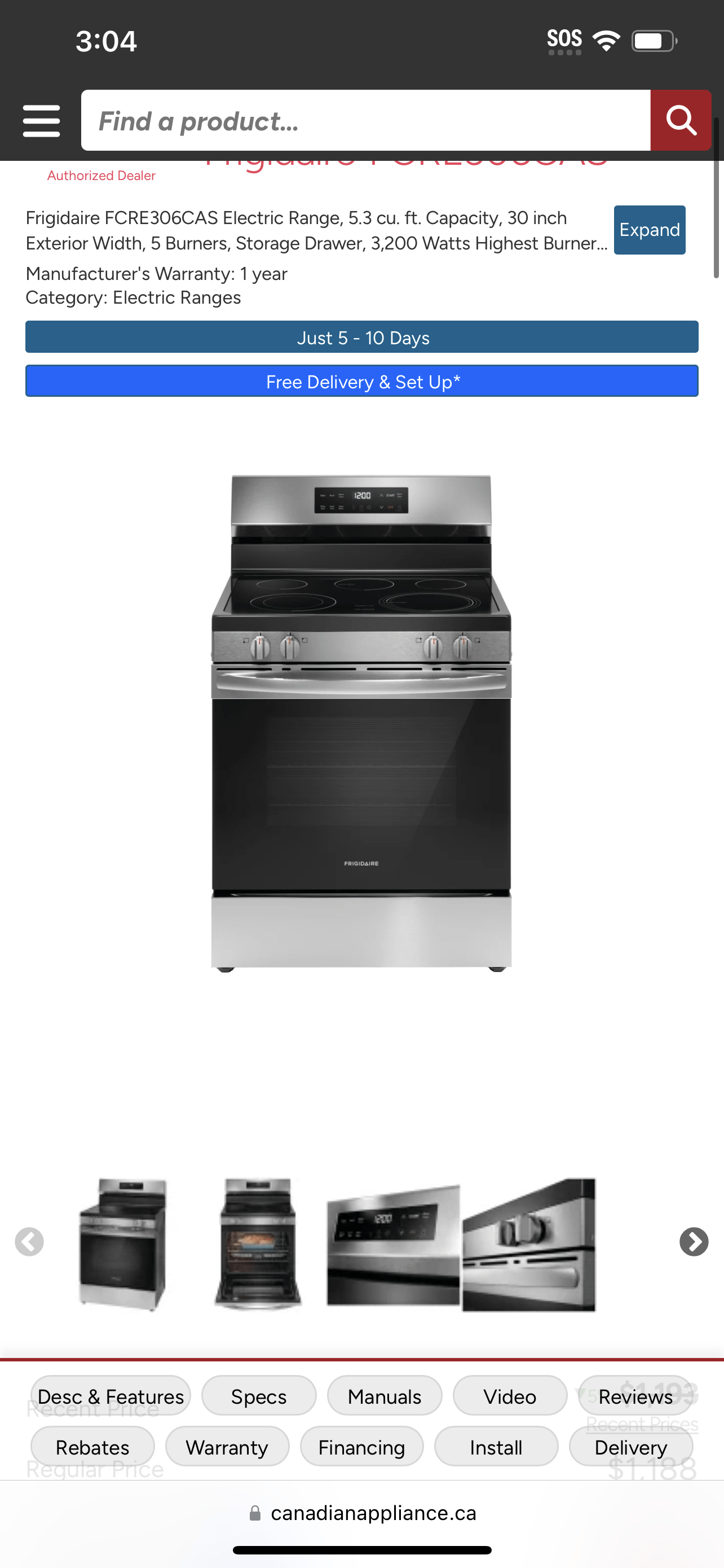 Frigidaire FCRE306CAS Range, Electric, 30 inch Exterior Width, 5 Burners, 5.3 cu. ft. Capacity, Storage Drawer, 1 Ovens, Stainless Steel