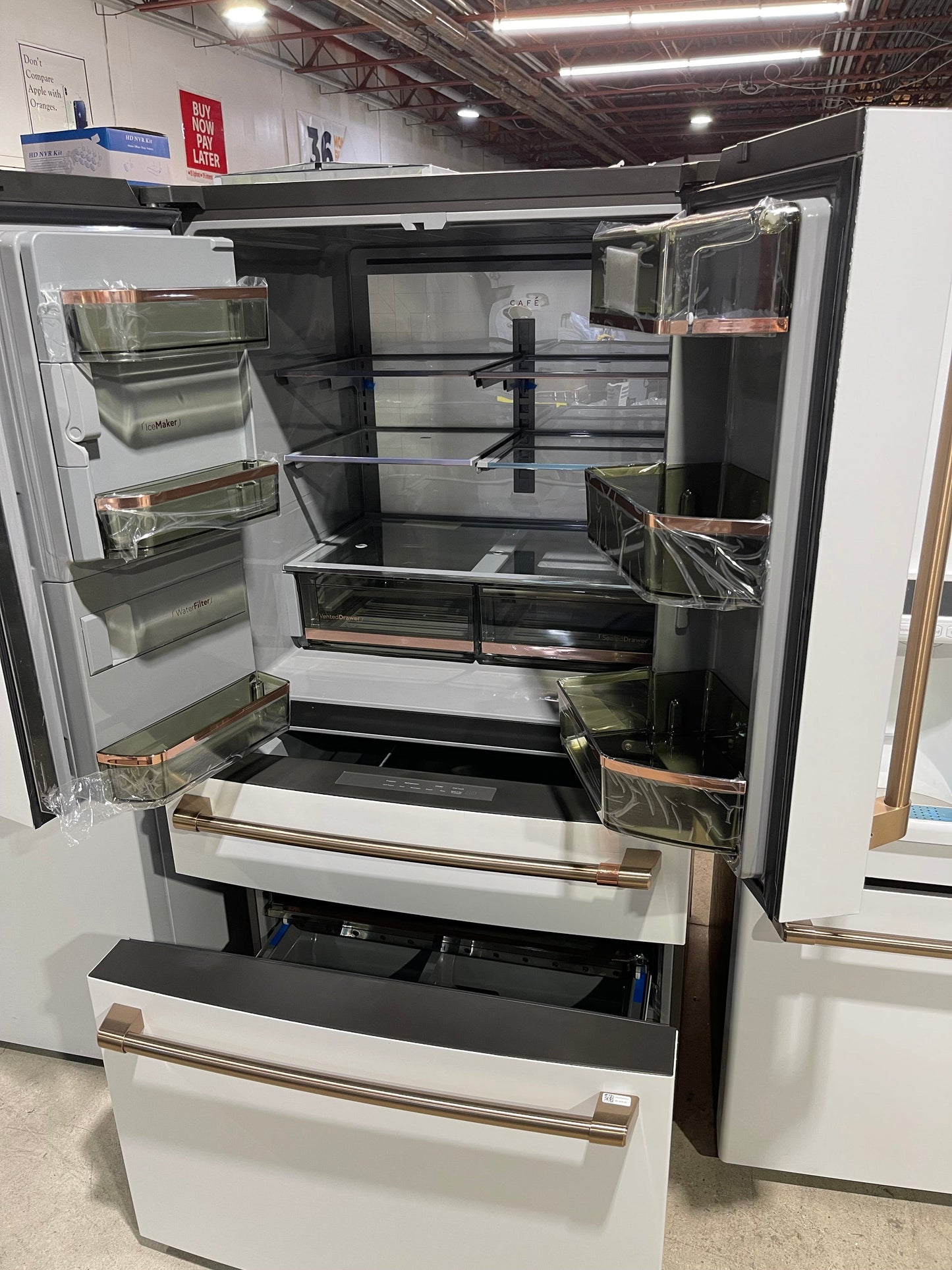 Cafe CVE28DP4NW2 French Door Refrigerator, 36 inch Width, ENERGY STAR Certified, 27.8 cu. ft. Capacity, Water Dispenser (Exterior), Ice Dispenser (Thru Door), Matte White colour AutoFill Refurbished 3 Years Warranty