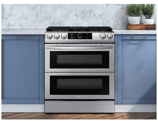 Samsung NY63T8751SS - NY63T8751SS/AC Range, 30 inch Exterior Width, Dual Fuel, Self Clean, Convection, 5 Burners, Storage Drawer, Air Fry, 2 Ovens, Stainless Steel colour Temperature Probe, Illuminated Knobs, True European Convection