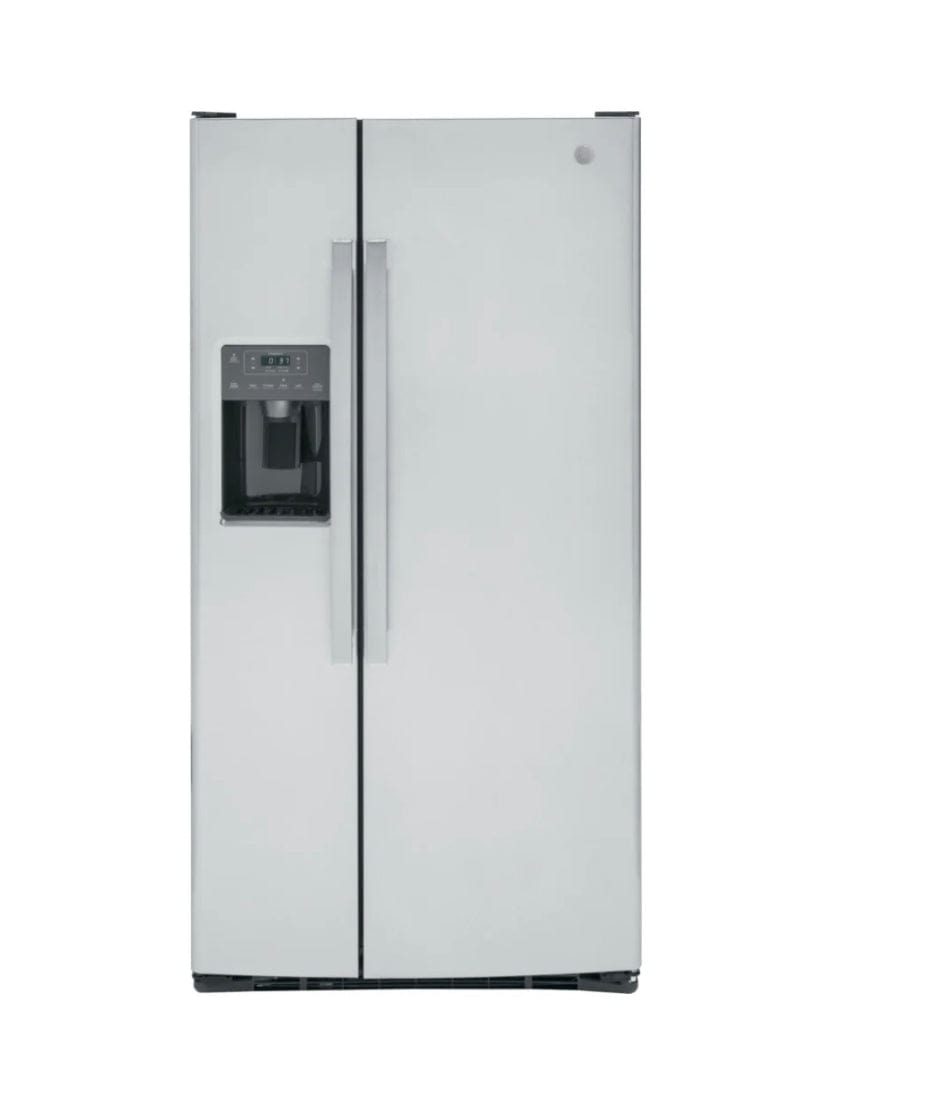 GE GSS23GYPFS Side by Side Refrigerator, 33 inch Width, Ice Dispenser (Thru Door), Water Dispenser (Exterior), 23.2 cu. ft. Capacity, STAINLESS STEEL colour Multi-Level Drawers, Edge-to-edge glass shelves