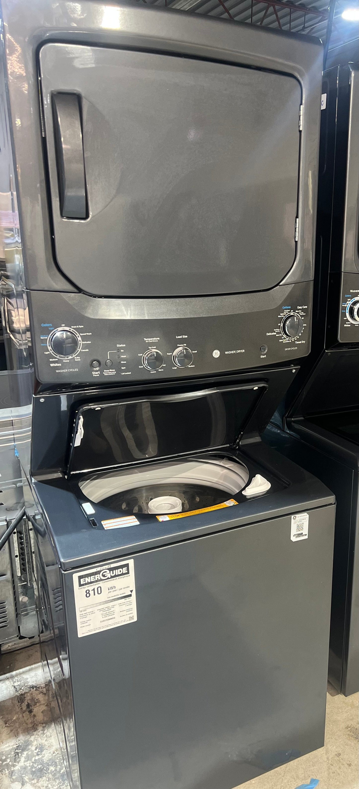 GE GUD37ESMMDG Laundry Center, 27" Width, 5.9 Cu. Ft. Capacity (Dryers), Electric, 27" Exterior Width, 10.3 cu. ft. Capacity, 11 Wash Cycles, 800 RPM Washer Spin Speed, 4.4 Washer Capacity, Diamond Grey colour Contains Agitator
