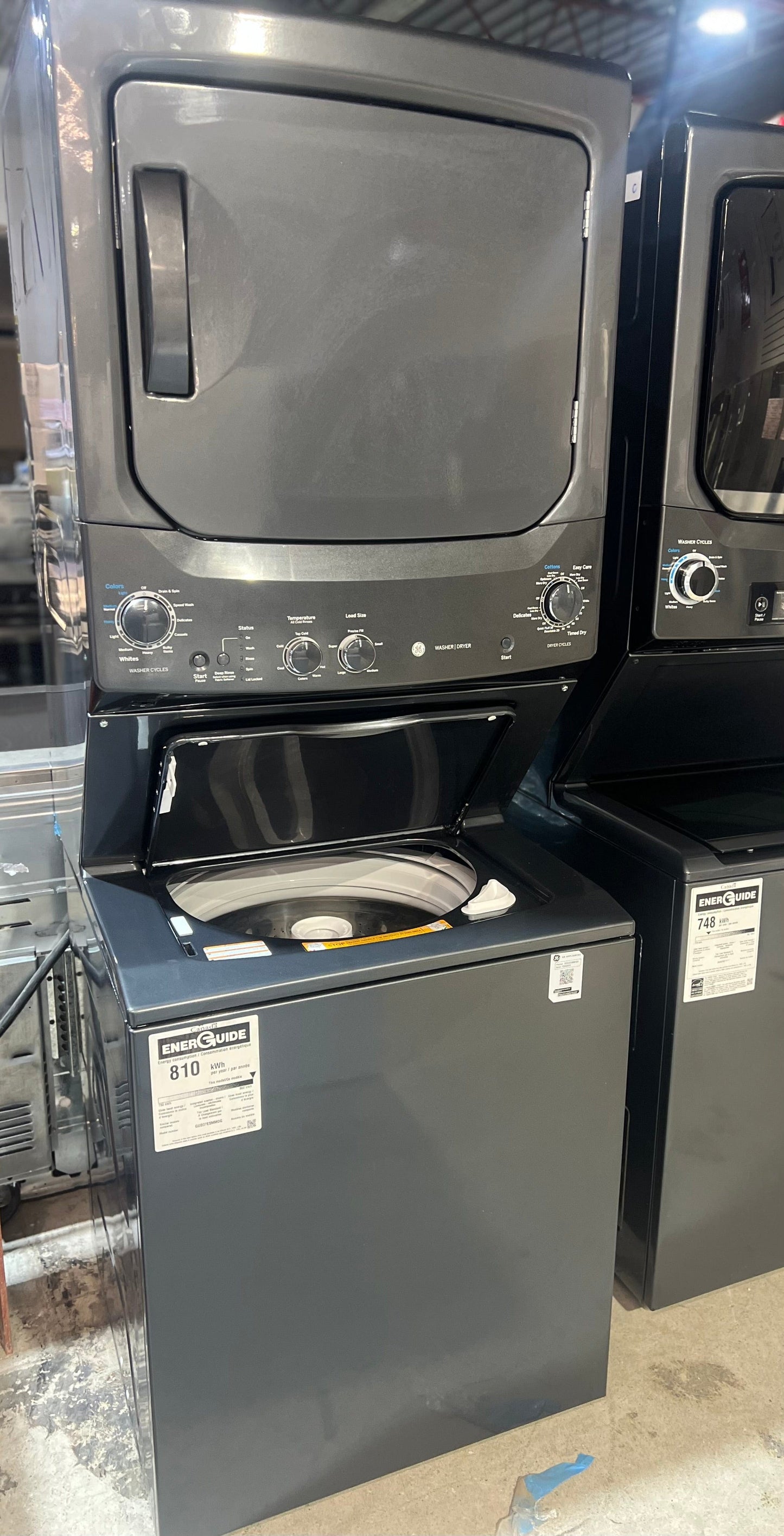 GE GUD37ESMMDG Laundry Center, 27" Width, 5.9 Cu. Ft. Capacity (Dryers), Electric, 27" Exterior Width, 10.3 cu. ft. Capacity, 11 Wash Cycles, 800 RPM Washer Spin Speed, 4.4 Washer Capacity, Diamond Grey colour Contains Agitator
