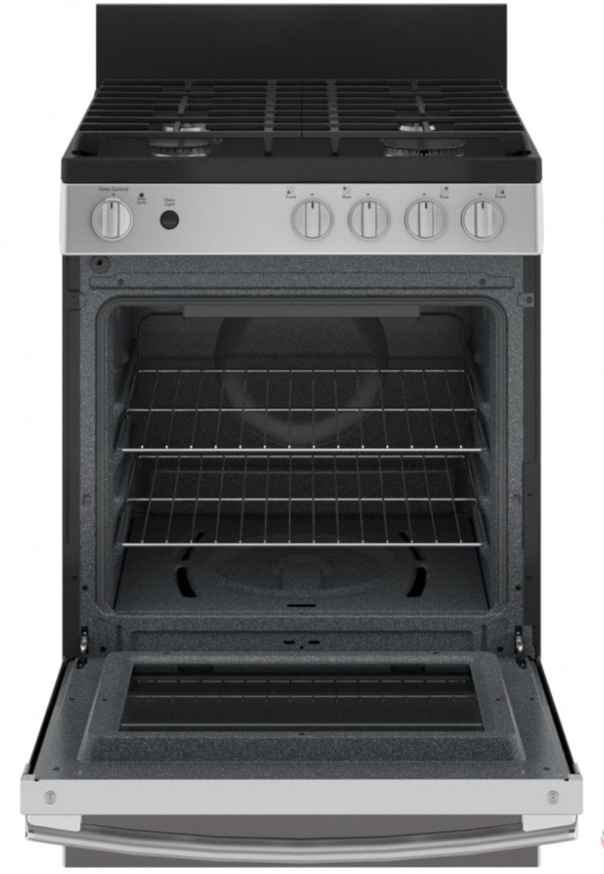 GE JCGAS640RMSS Range, 24" Exterior Width, Gas Range, Gas Burners, 4 Burners, 2.9 cu. ft. Capacity, Storage Drawer, 1 Ovens, 15K BTU, Front Controls, Stainless Steel colour