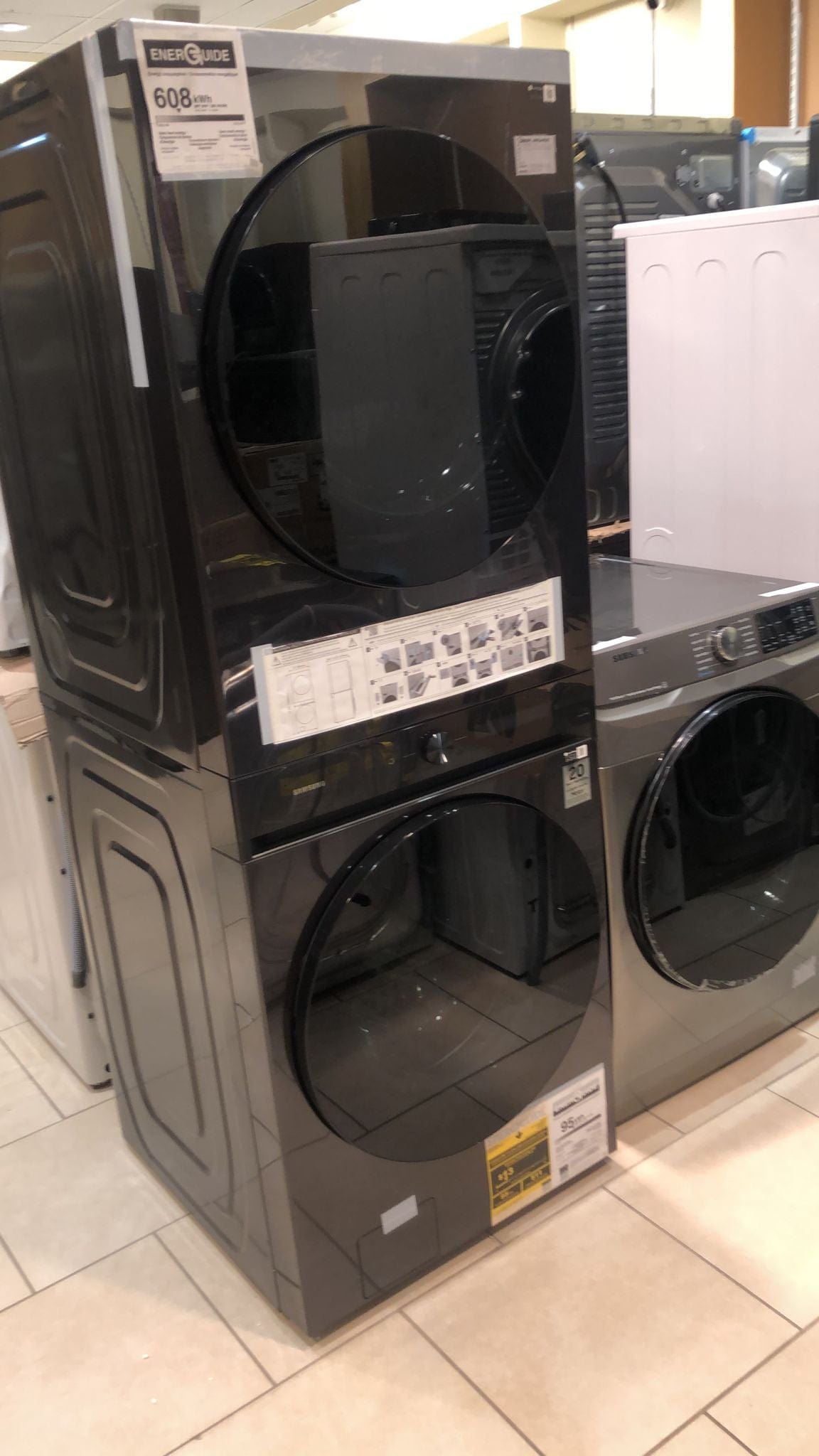 Samsung
WH46DBH550EVAC
Samsung WH46DBH550EVAC 27 inch Width Washer & Dryer Set, SmartDial AI Panel, Auto Dispenser, VRT+, Steam Wash Steam Dry, Black Stainless Steel colour
Washer: 24 Wash Cycles, 1200 RPM Spin Speed, Steam Clean, Wifi Enabled, 5.3 cu.