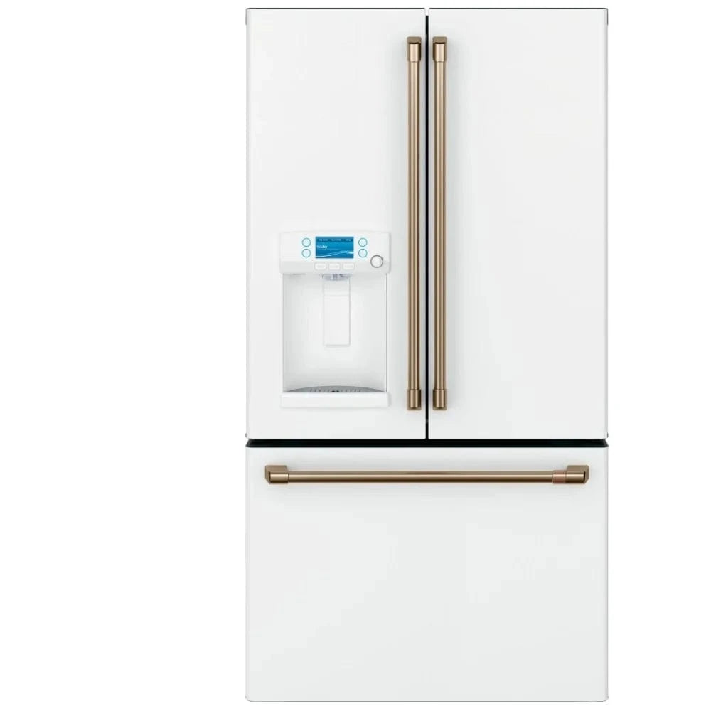 Cafe CYE22TP4MW2 French Door Refrigerator, 36 inch Width, ENERGY STAR Certified, 22.1 cu. ft. Capacity, Counter Depth, Water Dispenser (Exterior), Ice Dispenser (Thru Door), Matte White color Hot Water Dispenser ,Frost Guard. Refurbished