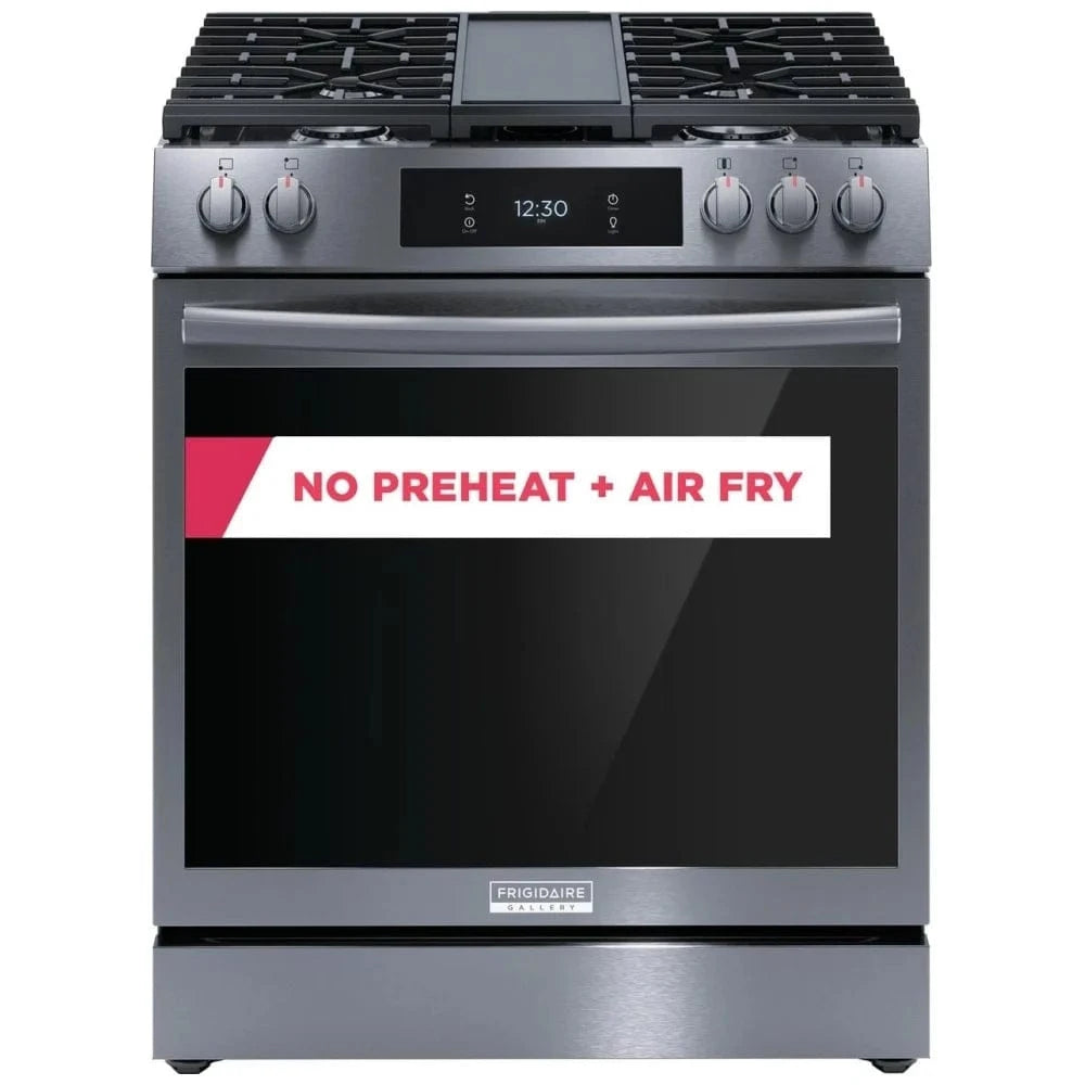 Frigidaire Gallery Refurbished GCFG3060BD Gas Range, 6 cu. ft. Capacity, 30 inch Width, Self Clean, Convection, 5 Burners, Storage Drawer, Air Fry, 18,000 BTU Highest Burner, Black Stainless Steel color Fingerprint Resistant, Griddle