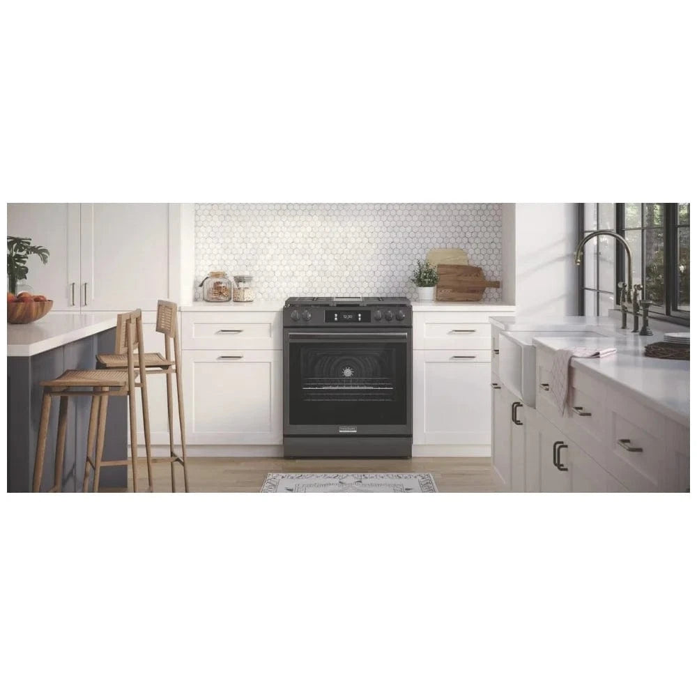 Frigidaire Gallery Refurbished GCFG3060BD Gas Range, 6 cu. ft. Capacity, 30 inch Width, Self Clean, Convection, 5 Burners, Storage Drawer, Air Fry, 18,000 BTU Highest Burner, Black Stainless Steel color Fingerprint Resistant, Griddle