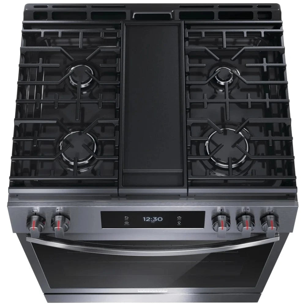 Frigidaire Gallery Refurbished GCFG3060BD Gas Range, 6 cu. ft. Capacity, 30 inch Width, Self Clean, Convection, 5 Burners, Storage Drawer, Air Fry, 18,000 BTU Highest Burner, Black Stainless Steel color Fingerprint Resistant, Griddle