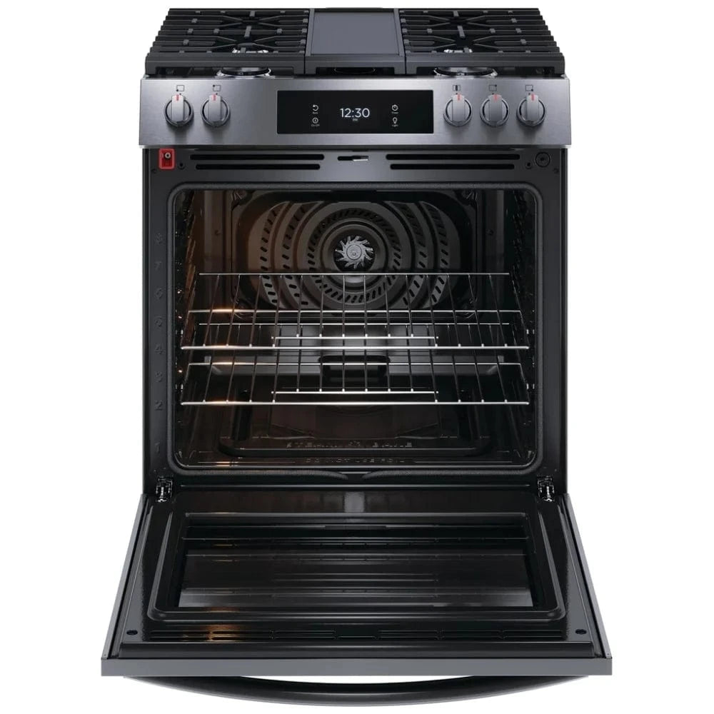 Frigidaire Gallery Refurbished GCFG3060BD Gas Range, 6 cu. ft. Capacity, 30 inch Width, Self Clean, Convection, 5 Burners, Storage Drawer, Air Fry, 18,000 BTU Highest Burner, Black Stainless Steel color Fingerprint Resistant, Griddle