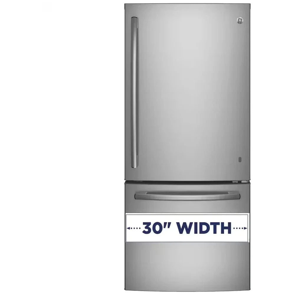 GE GDE21DYRKFS Bottom Freezer Refrigerator, 30 inch Width, ENERGY STAR Certified, Optional Ice Maker (Special Order), 21 cu. ft. Capacity, Stainless Steel color Glass Shelves, Multi-Shelf Air Management Tower, Frost Guard