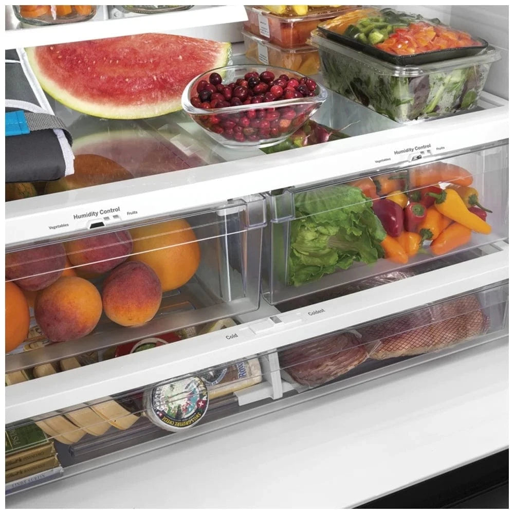 GE GNE27JGMWW French Door Refrigerator, 36 inch Width, ENERGY STAR Certified, 26.7 cu. ft. Capacity, Water Dispenser (Interior), Ice Dispenser (Freezer Located), White color