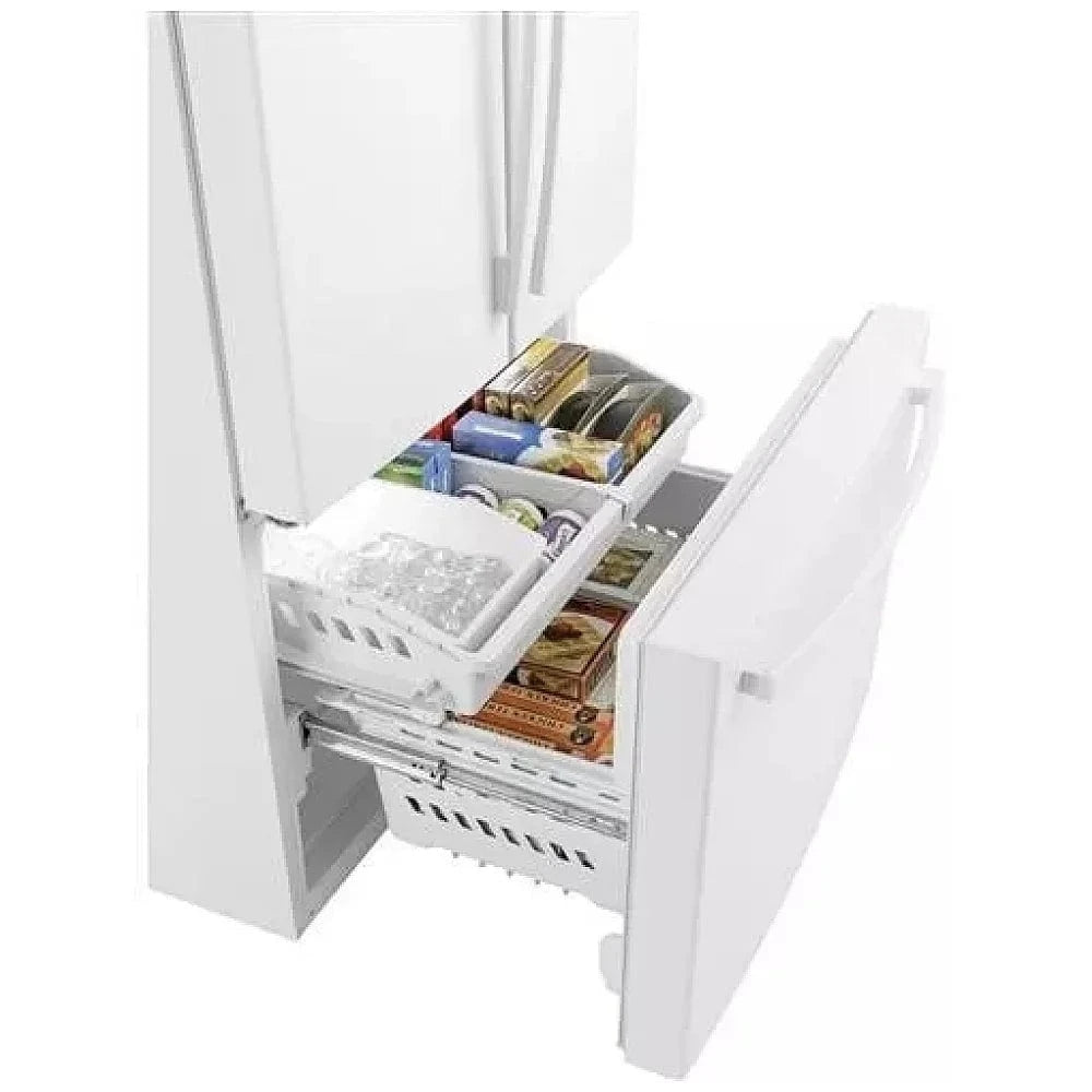 GE GNE27JGMWW French Door Refrigerator, 36 inch Width, ENERGY STAR Certified, 26.7 cu. ft. Capacity, Water Dispenser (Interior), Ice Dispenser (Freezer Located), White color