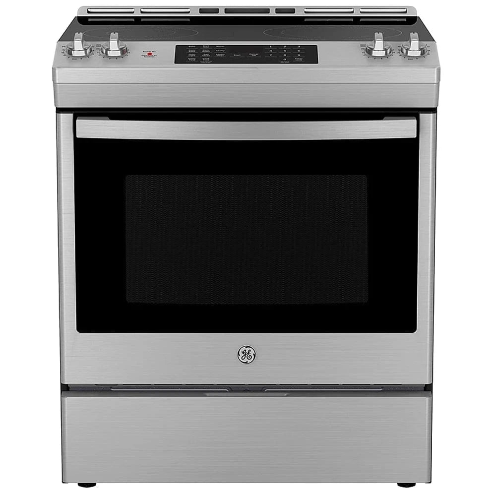 GE JCS830SVSS Electric Range, 5.3 cu. ft. Capacity, 30 inch Exterior Width, Convection, 4 Burners, Storage Drawer, Air Fry, Self Clean, Stainless Steel color True European Convection RF