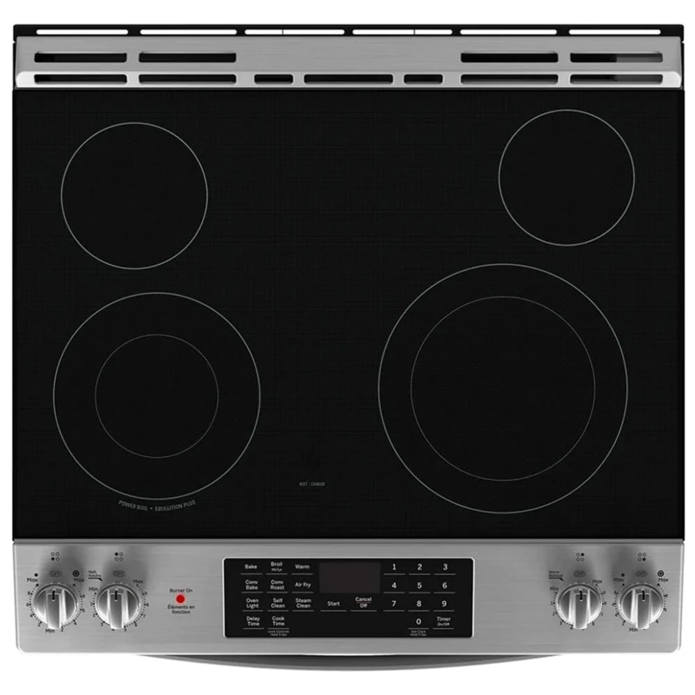 GE JCS830SVSS Electric Range, 5.3 cu. ft. Capacity, 30 inch Exterior Width, Convection, 4 Burners, Storage Drawer, Air Fry, Self Clean, Stainless Steel color True European Convection RF