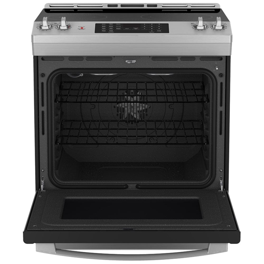 GE JCS830SVSS Electric Range, 5.3 cu. ft. Capacity, 30 inch Exterior Width, Convection, 4 Burners, Storage Drawer, Air Fry, Self Clean, Stainless Steel color True European Convection RF