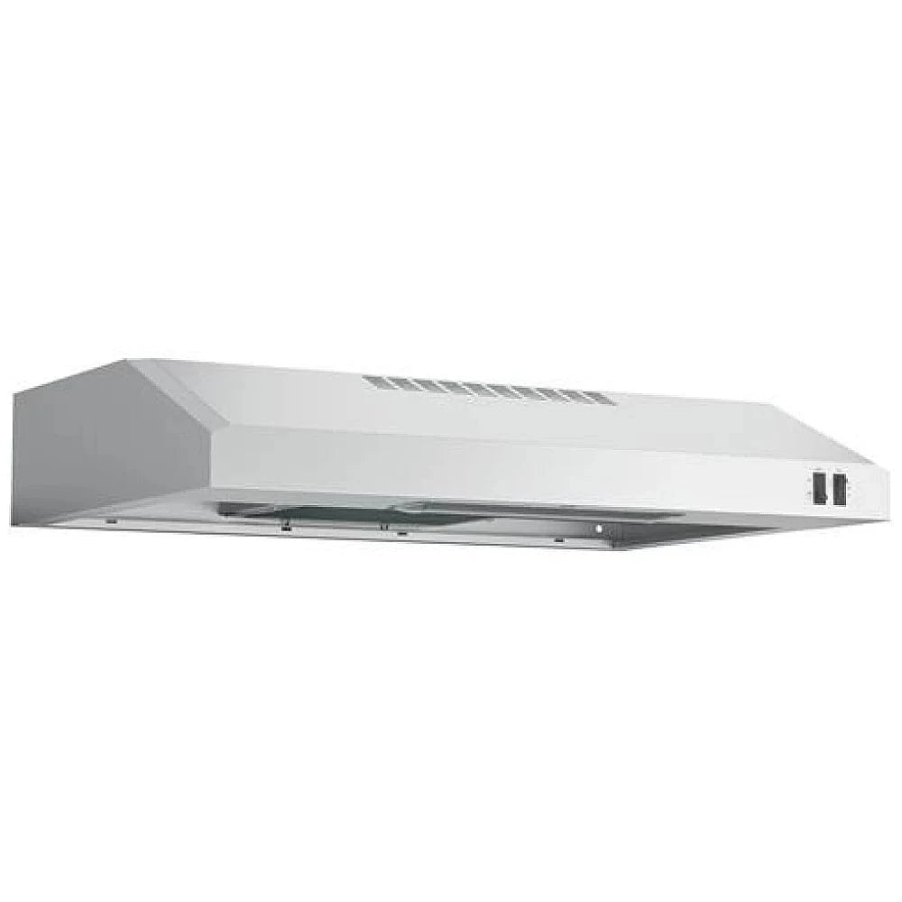 GE JVX3300SJSSC Range Hood, 30 inch Exterior Width, Under-Cabinet, Under-Cabinet, 200 CFM, Outside / Ducting, Halogen , Dishwasher Safe Filters, Aluminum Mesh, Stainless Steel colour Blower Included