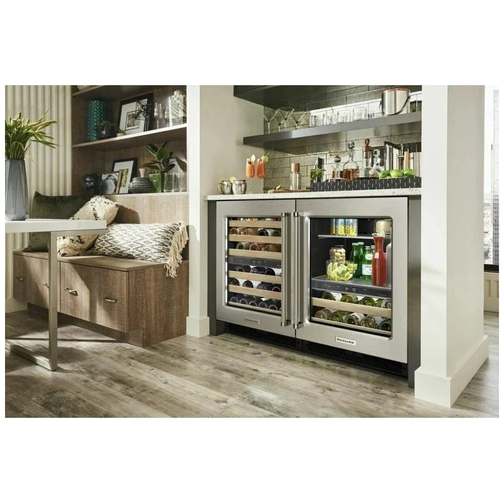 KitchenAid KUBR214KSB Compact Beverage Center Under Counter Refrigeration, 24 inch Width, Stainless Steel color Motion-Activated LED Lighting, Dual Zone
