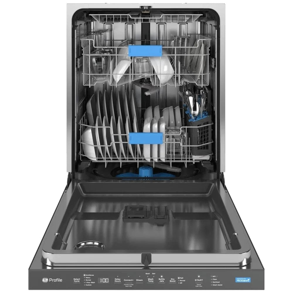 GE Profile PDP715SYVFS Dishwasher, 24 inch Exterior Width, 44 dB Decibel Level, Stainless Steel (Interior), 6 Wash Cycles, 16 Capacity (Place Settings), Wifi Enabled, Stainless Steel color Dry Boost, Steam Sani, and Microban Antimicrobial Technology