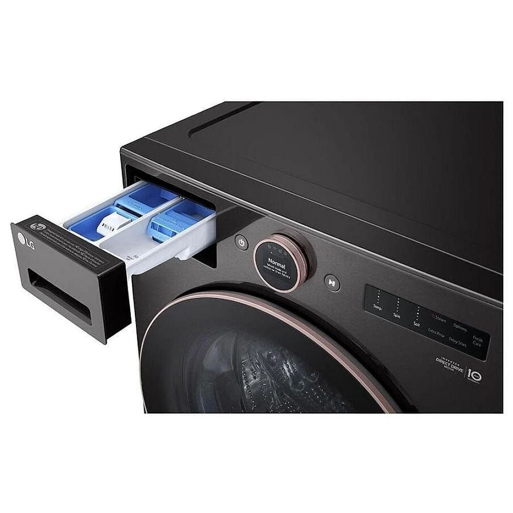 LG WM6500HBA Front Load Washer, 27 inch Width, ENERGY STAR Certified, 5.8 cu. ft. Capacity, Steam Clean, 25 Wash Cycles, 5 Temperature Settings, Stackable, 1300 RPM Washer Spin Speed, Wifi Enabled, Black Stainless Steel colour TurboWash 360, AI DD