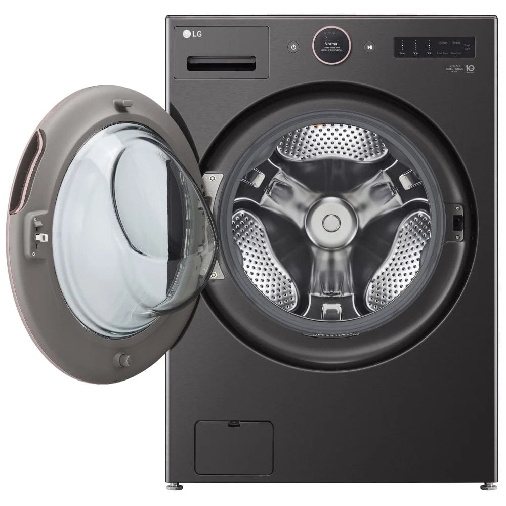 LG WM6500HBA Front Load Washer, 27 inch Width, ENERGY STAR Certified, 5.8 cu. ft. Capacity, Steam Clean, 25 Wash Cycles, 5 Temperature Settings, Stackable, 1300 RPM Washer Spin Speed, Wifi Enabled, Black Stainless Steel colour TurboWash 360, AI DD