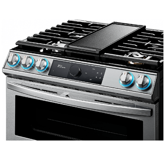 Samsung NY63T8751SS - NY63T8751SS/AC Range, 30 inch Exterior Width, Dual Fuel, Self Clean, Convection, 5 Burners, Storage Drawer, Air Fry, 2 Ovens, Stainless Steel colour Temperature Probe, Illuminated Knobs,  True European Convection