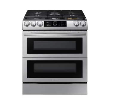 Samsung NY63T8751SS - NY63T8751SS/AC Range, 30 inch Exterior Width, Dual Fuel, Self Clean, Convection, 5 Burners, Storage Drawer, Air Fry, 2 Ovens, Stainless Steel colour Temperature Probe, Illuminated Knobs,  True European Convection