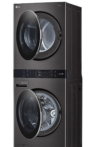 LG WKEX200HBA Washer & Dryer Set, 27" Width, 7.4 Cu. Ft. Capacity (Dryers), 27" Exterior Width, 6 Dry Cycles, 12.6 cu. ft. Capacity, Steam Clean, 6 Wash Cycles, 1300 RPM Washer Spin Speed, Black Stainless Steel colour AI DD,WashTower, TurboWash 360