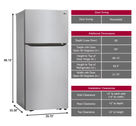 LG LTCS20020S / LTCS20020V Top Freezer Refrigerator, 30 inch Width, ENERGY STAR Certified, 20.2 cu. ft. Capacity, Stainless Steel colour