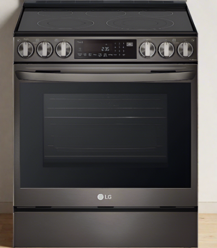 LG LSEL6335D Range, Electric, 30 inch Exterior Width, Self Clean, Convection, 5 Burners, 6.3 cu. ft. Capacity, Storage Drawer, Air Fry, 1 Ovens, Black Stainless Steel colour.  Open box 1 year warranty