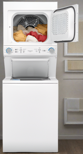 Frigidaire FLCE752CAW Laundry Center, 27" Width, 5.6 Cu. Ft. Capacity (Dryers), Electric, 27" Exterior Width, 10.1 cu. ft. Capacity, 10 Wash Cycles, 850 RPM Washer Spin Speed, 4.5 Washer Capacity, White colour Contains Agitator,