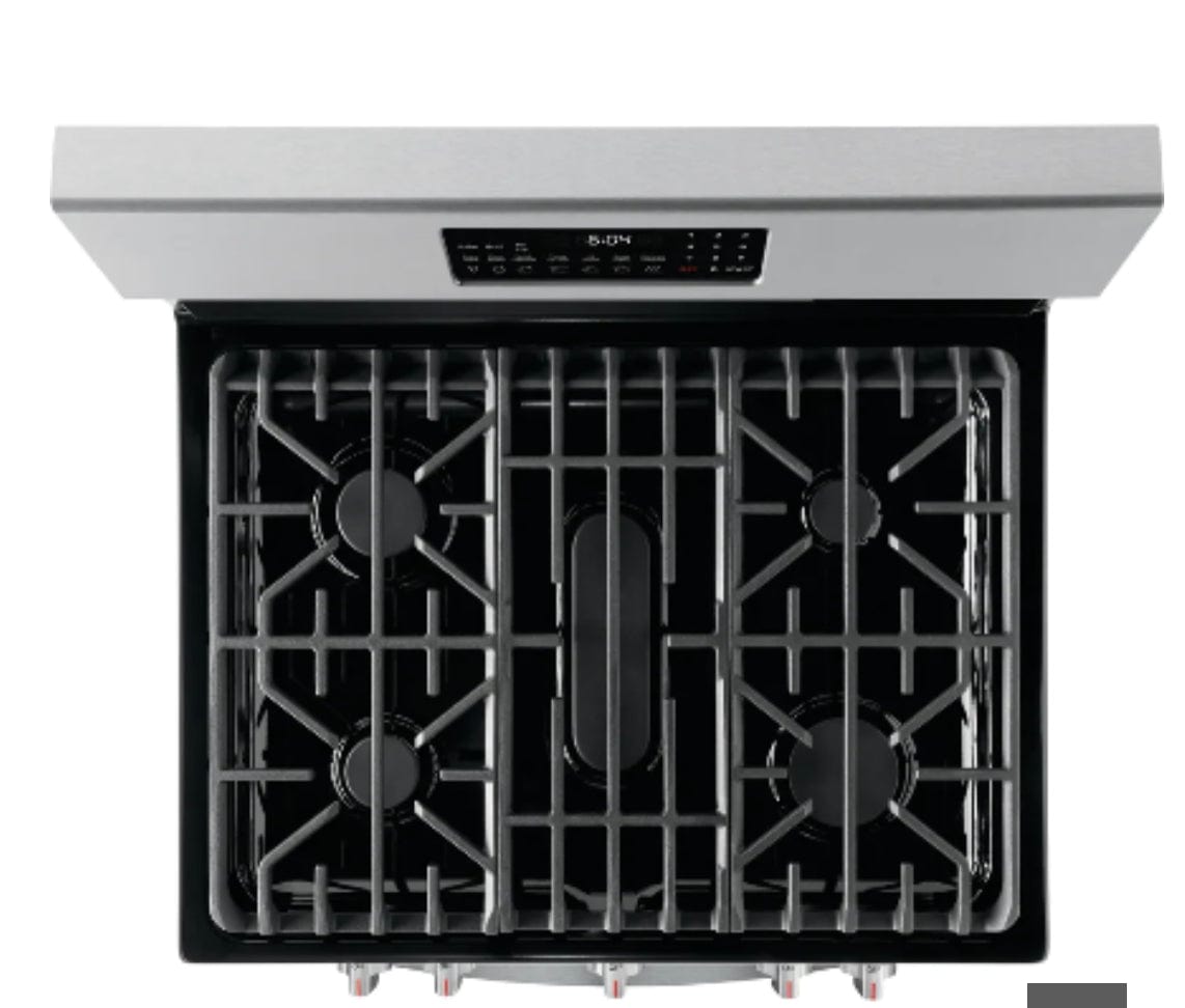 Frigidaire Gallery GCRG3060AF Range, 30" Exterior Width, Gas Range, Self Clean, Gas Burners, Convection, 5 Burners, 5.0 cu. ft. Capacity, Storage Drawer, 1 Ovens, 18K BTU, Front Controls & Rear Controls, Stainless Steel colour