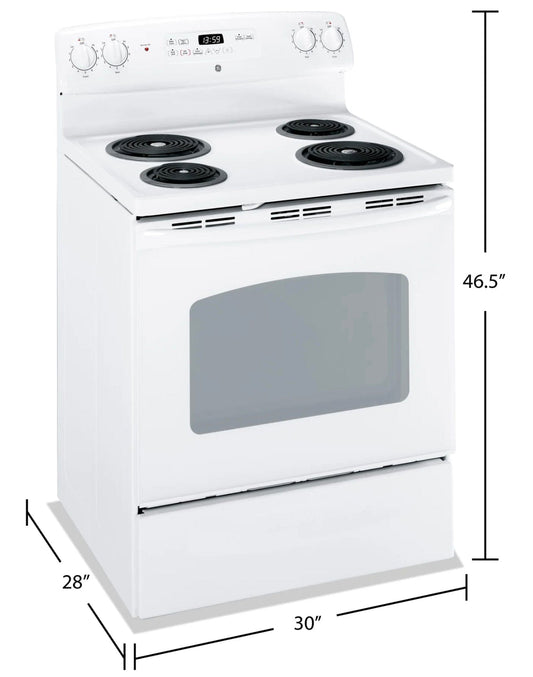 GE JCBS250DMWW JCBS250DM3WW Range, Free Standing, Electric Range, 30 inch Exterior Width, 4 Burners, Coil Burners (Electric), White