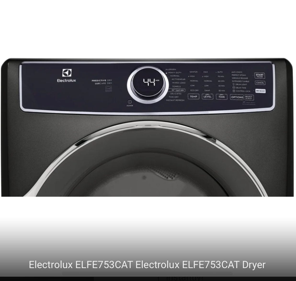 Electrolux ELFE753CAT Electric Dryer, 27 inch Width, 8.0 cu. ft. Capacity, Steam Clean, 5 Temperature Settings, Stackable, Steel Drum, Titanium