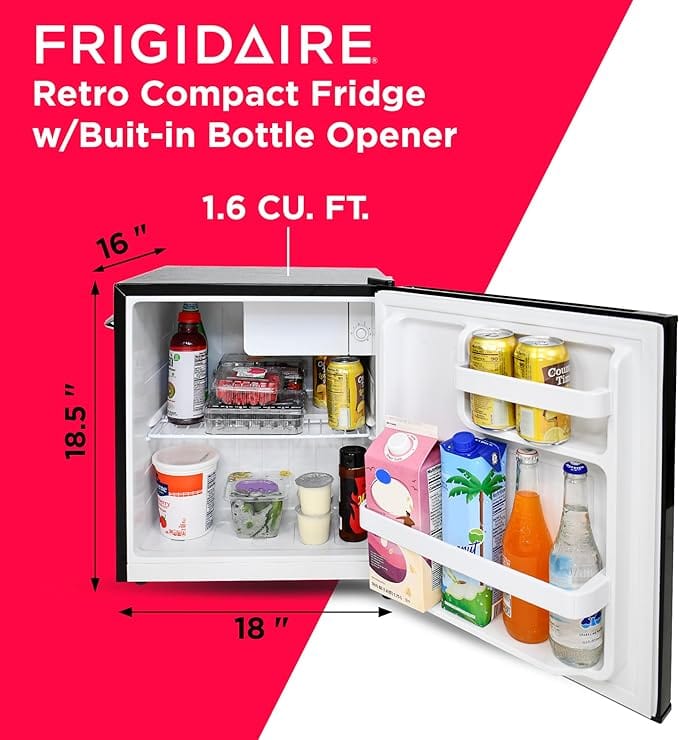 Frigidaire EFR176- AMZ Retro Mini Refrigerator-Energy Saving-Adjustable Thermostat Control-Side Mounted Bottle Opener-Ideal for Dorm, Office, RV, Garage, Apartment 1.6 Cubic Feet