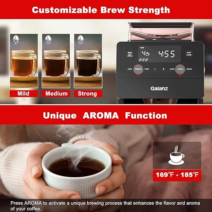 Galanz GLDC12S110A 12Cups Grind/Brew Coffee Maker, LED Touch Control Screen, Removable Filter Basket, Clean Indicator Light, 1000W, Stainless Steel (GLDC12S110A)