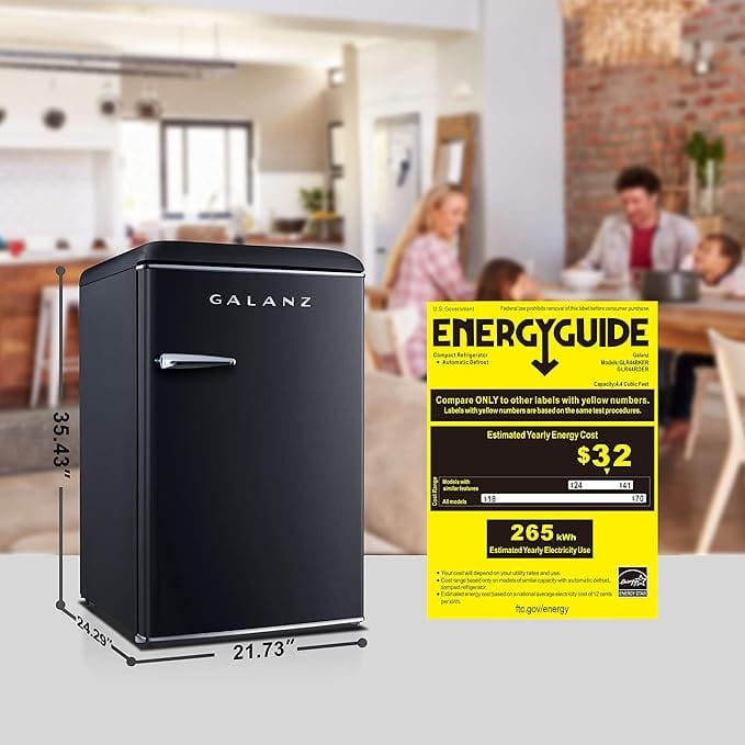 Galanz Retro Compact Refrigerator, Single Door Fridge with Adjustable Mechanical Thermostat, 3 Removable Glass Shelves, 4.4 Cu.Ft Black (GLR44BKER)