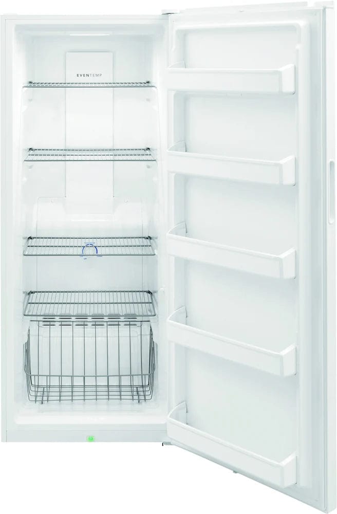 Frigidaire FFFU16F2VW Upright Freezer, 28" Width, 15.5 cu. ft. Capacity, Frost Free, Reversible Door, Interior Light (Freezer), White Garage Ready