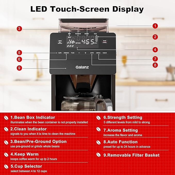 Galanz GLDC12S110A 12Cups Grind/Brew Coffee Maker, LED Touch Control Screen, Removable Filter Basket, Clean Indicator Light, 1000W, Stainless Steel (GLDC12S110A)