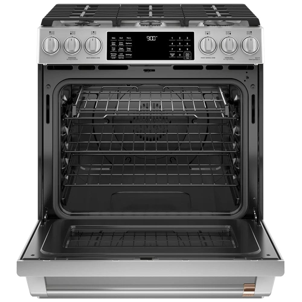 Cafe Dual Fuel Range, 30", 6 Burners, 5.7 cu. ft. Capacity, Warming Drawer, Air Fry, 1 Ovens, Stainless Steel, Self Clean Racks CC2S900P2MS1