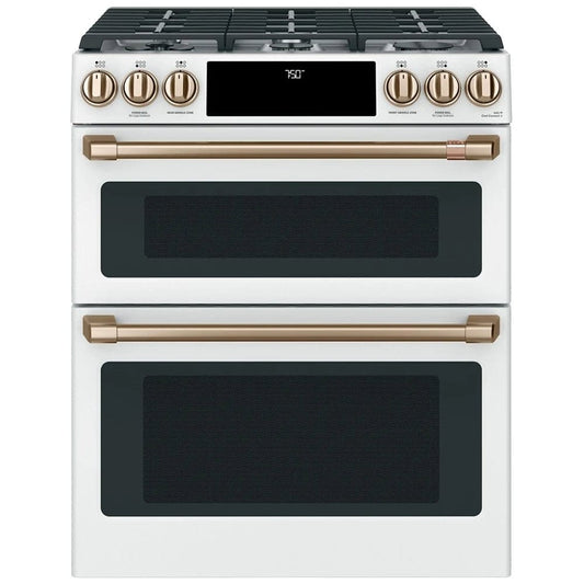 Cafe CCGS750P4MW2 Gas Range, 30 inch Exterior Width, Self Clean, Convection, 6 Burners, 6.7 cu. ft. Capacity, 2 Ovens, Matte White colour True European Convection, Self Clean Racks