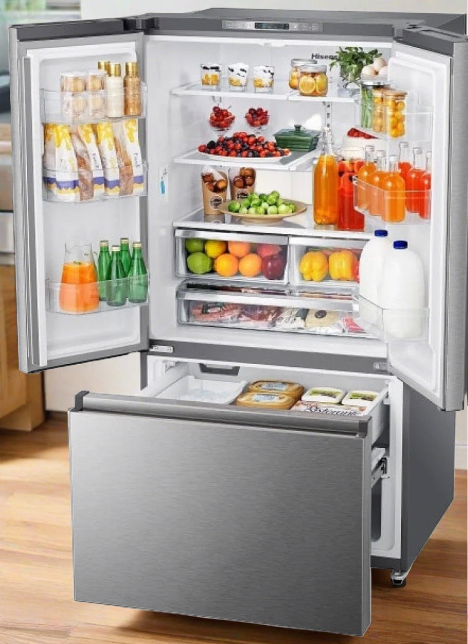 Hisense RF266C3FSE French Door Refrigerator, 36" Width, ENERGY STAR Certified, 26.6 cu. ft. Capacity, Freezer Located Ice Dispenser, Interior Water Dispenser, LED Lighting, Fingerprint Resistant, Stainless Steel colour PureFlat Design