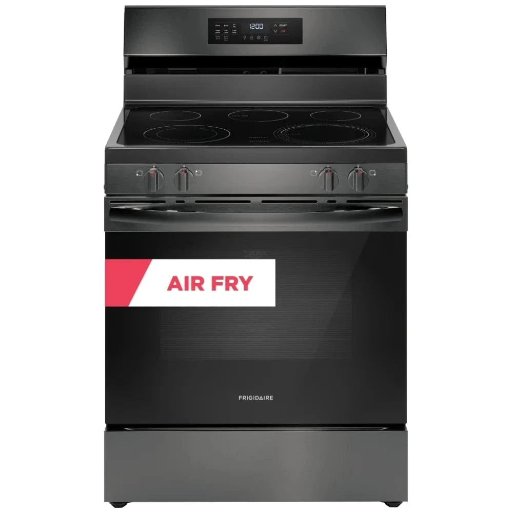 Frigidaire FCRE308CAD Electric Range, 30 inch Exterior Width, Self Clean, Convection, 5 Burners, 5.3 cu. ft. Capacity, Storage Drawer, Air Fry, 1 Ovens, Black Stainless Steel color