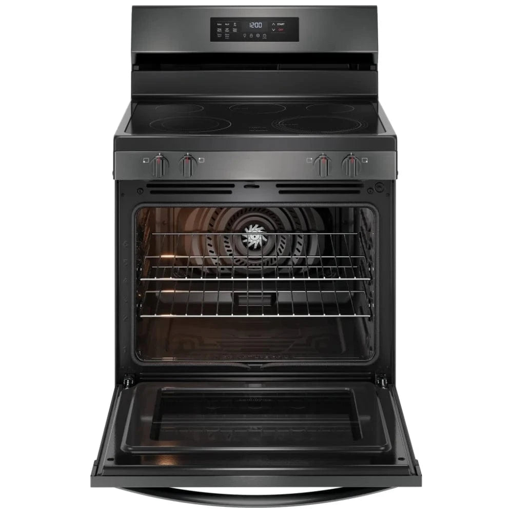 Frigidaire FCRE308CAD Electric Range, 30 inch Exterior Width, Self Clean, Convection, 5 Burners, 5.3 cu. ft. Capacity, Storage Drawer, Air Fry, 1 Ovens, Black Stainless Steel color