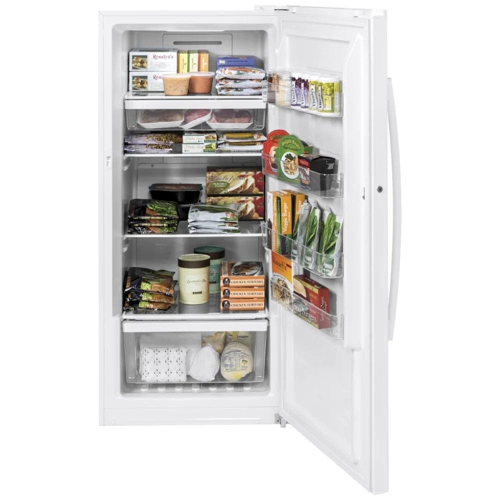 GE FUF14DLRWW Upright Freezer, 28 3/8 inch Width, ENERGY STAR Certified, 14.1 cu. ft. Capacity, Frost Free, White open Box