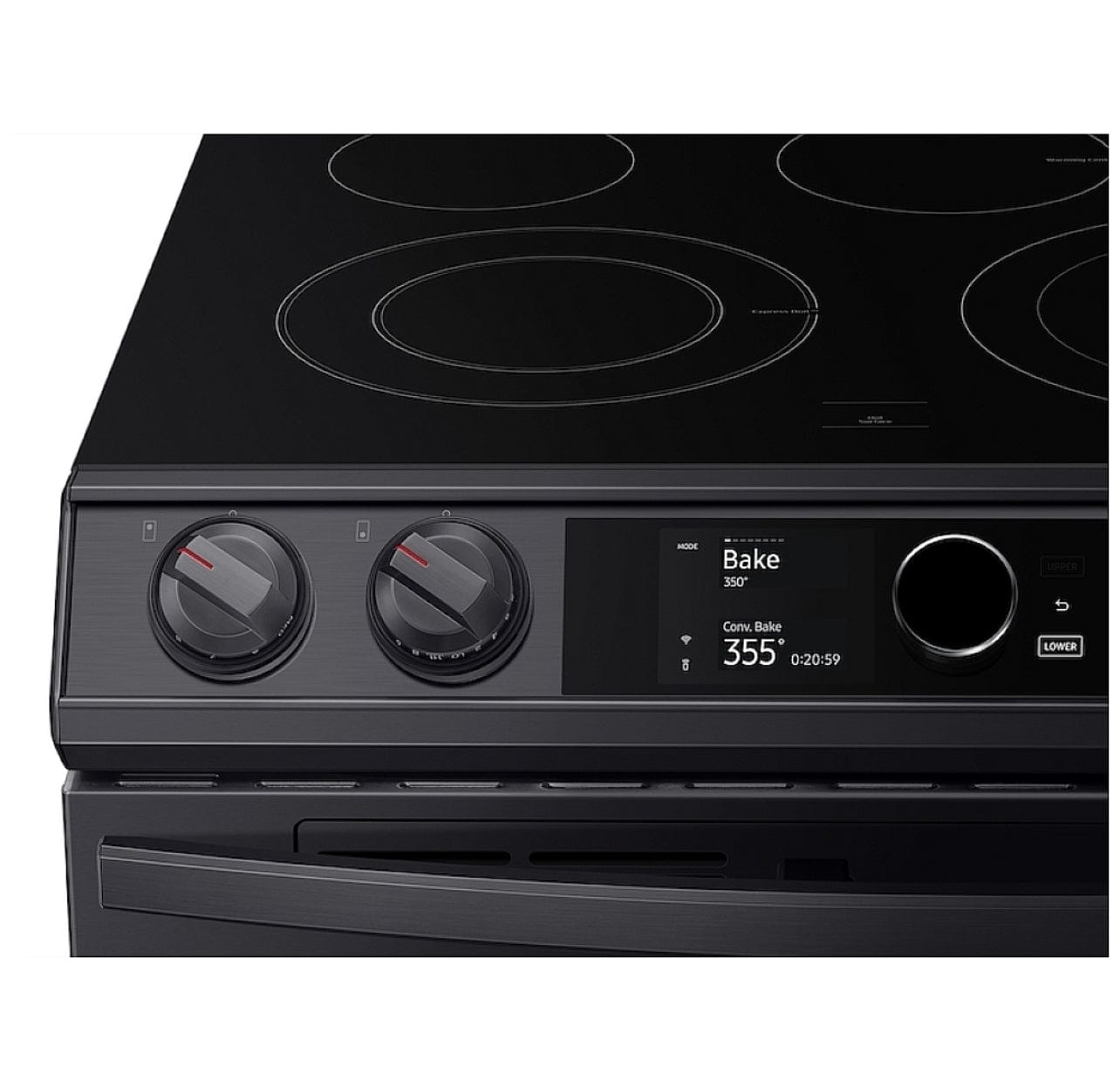 Samsung NE63T8751SG - NE63T8751SG/AC Electric Range, 30 inch Exterior Width, Self Clean, Convection, 5 Burners, 6.3 cu. ft. Capacity, Storage Drawer, Air Fry, 2 Ovens, Black Stainless Steel colour Dual Fan True European Convection, Temperature Probe, Flex