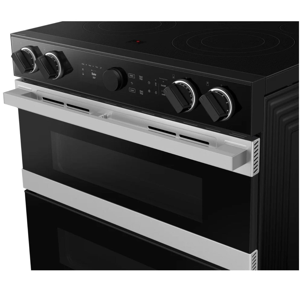 Samsung NSE6DG8550SRAC Electric Range, 30 inch Exterior Width, Self Clean, Convection, 5 Burners, 6.3 cu. ft. Capacity, Storage Drawer, Air Fry, 2 Ovens, Stainless Steel colour