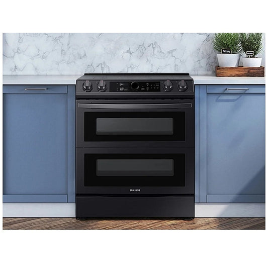 Samsung NE63T8751SG - NE63T8751SG/AC Electric Range, 30 inch Exterior Width, Self Clean, Convection, 5 Burners, 6.3 cu. ft. Capacity, Storage Drawer, Air Fry, 2 Ovens, Black Stainless Steel colour Dual Fan True European Convection, Temperature Probe, Flex