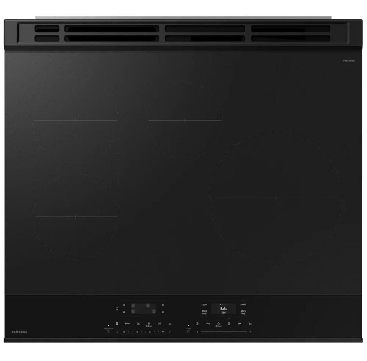 Samsung Slide in Induction Range with Flex Duo Oven and Ambient Edge lighting in Stainless Steel NSI6DG9550SRAC 30 inch Exterior Width, Self Clean, Convection, 4 Burners, 6.3 cu. ft. Capacity, Storage Drawer, Air Fry, 2 Ovens