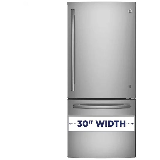 GE GDE21DYRKFS Bottom Freezer Refrigerator, 30 inch Width, ENERGY STAR Certified, Optional Ice Maker (Special Order), 21 cu. ft. Capacity, Stainless Steel color Glass Shelves, Multi-Shelf Air Management Tower, Frost Guard